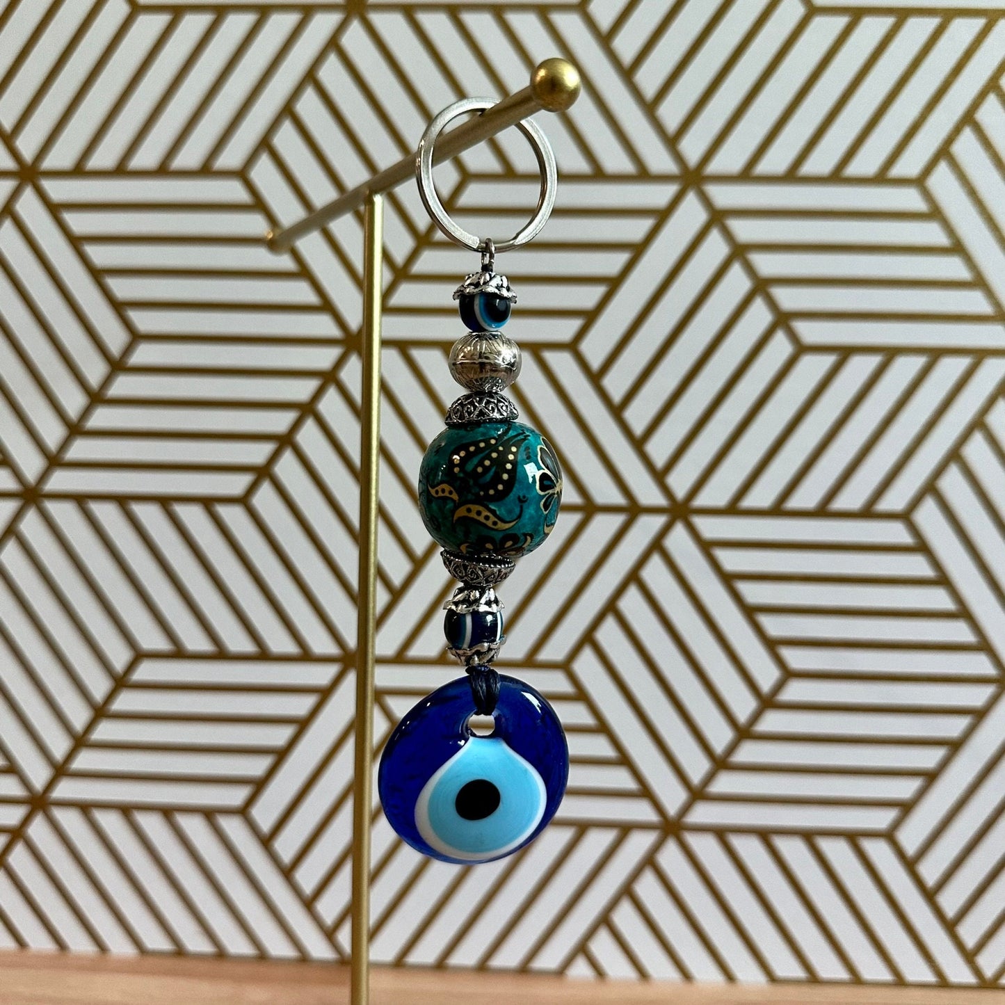 Evil Eye Nazar Boncuk Mal De Ojo Keychain with Hand Painted Ceramic Ball - Green and Gold Floral Tulip — Fast Shipping!