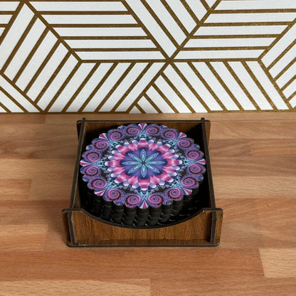 6 Pack Turkish Wooden Coaster Set with Holder - Purple Tone Floral Mandala -- Made in Turkey -- Quick Ship