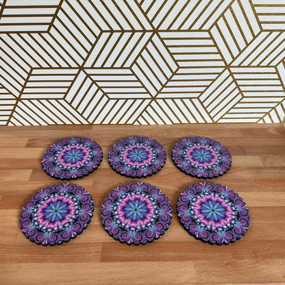 6 Pack Turkish Wooden Coaster Set with Holder - Purple Tone Floral Mandala -- Made in Turkey -- Quick Ship