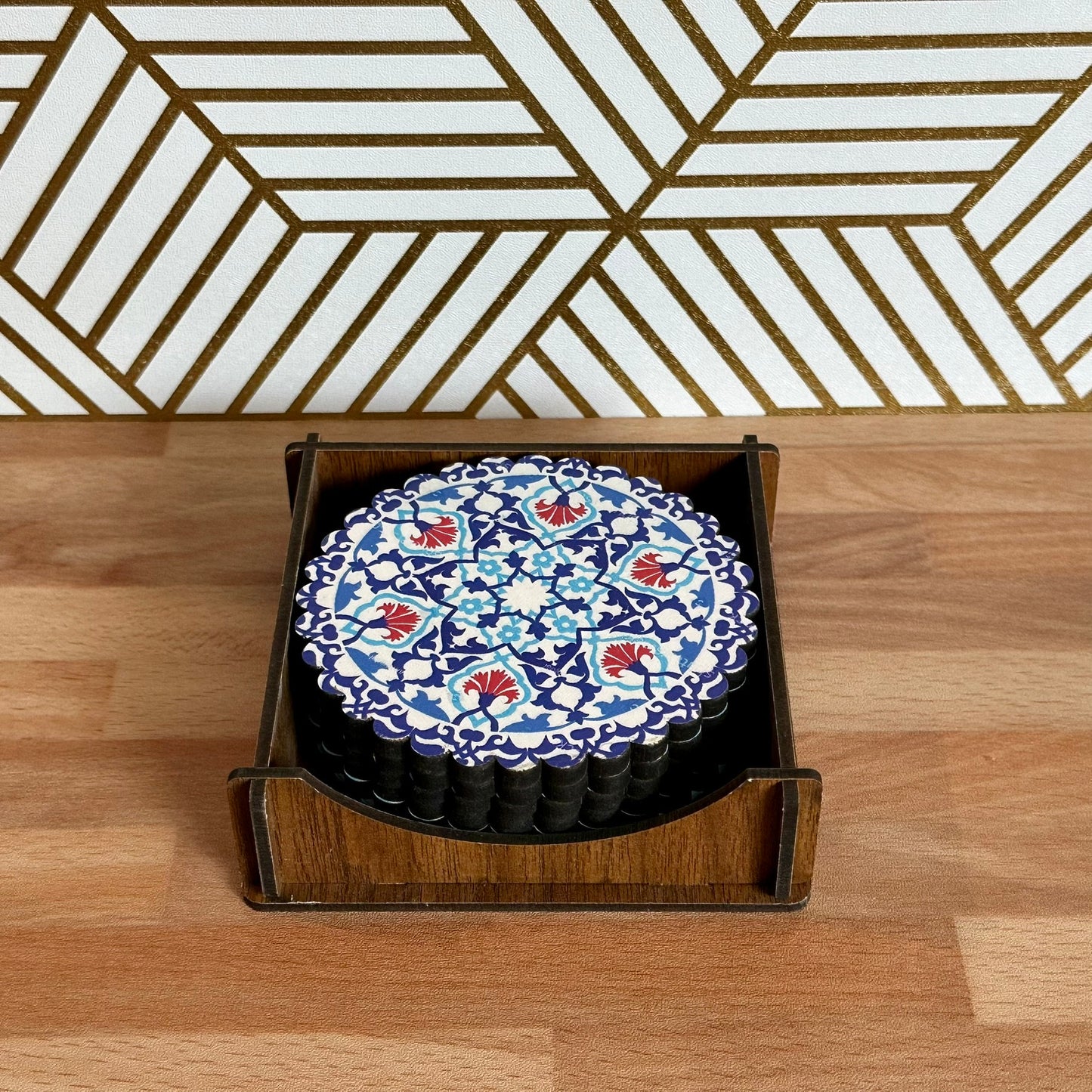 6 Pack Turkish Wooden Coaster Set with Holder - Blue and Red Floral Mandala -- Made in Turkey -- Quick Ship