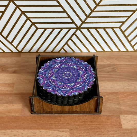 6 Pack Turkish Wooden Coaster Set with Holder - Dark Purple Floral Mandala -- Made in Turkey -- Quick Ship