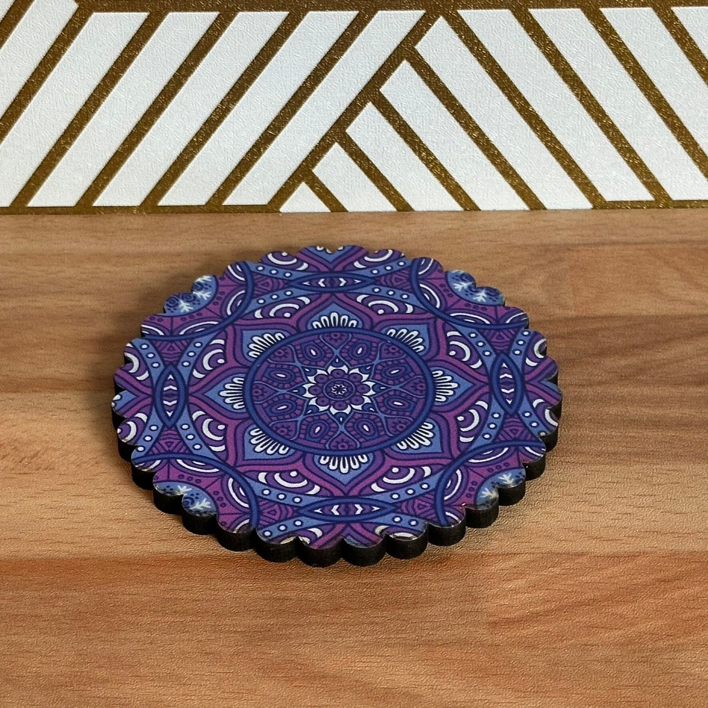 6 Pack Turkish Wooden Coaster Set with Holder - Dark Purple Floral Mandala -- Made in Turkey -- Quick Ship