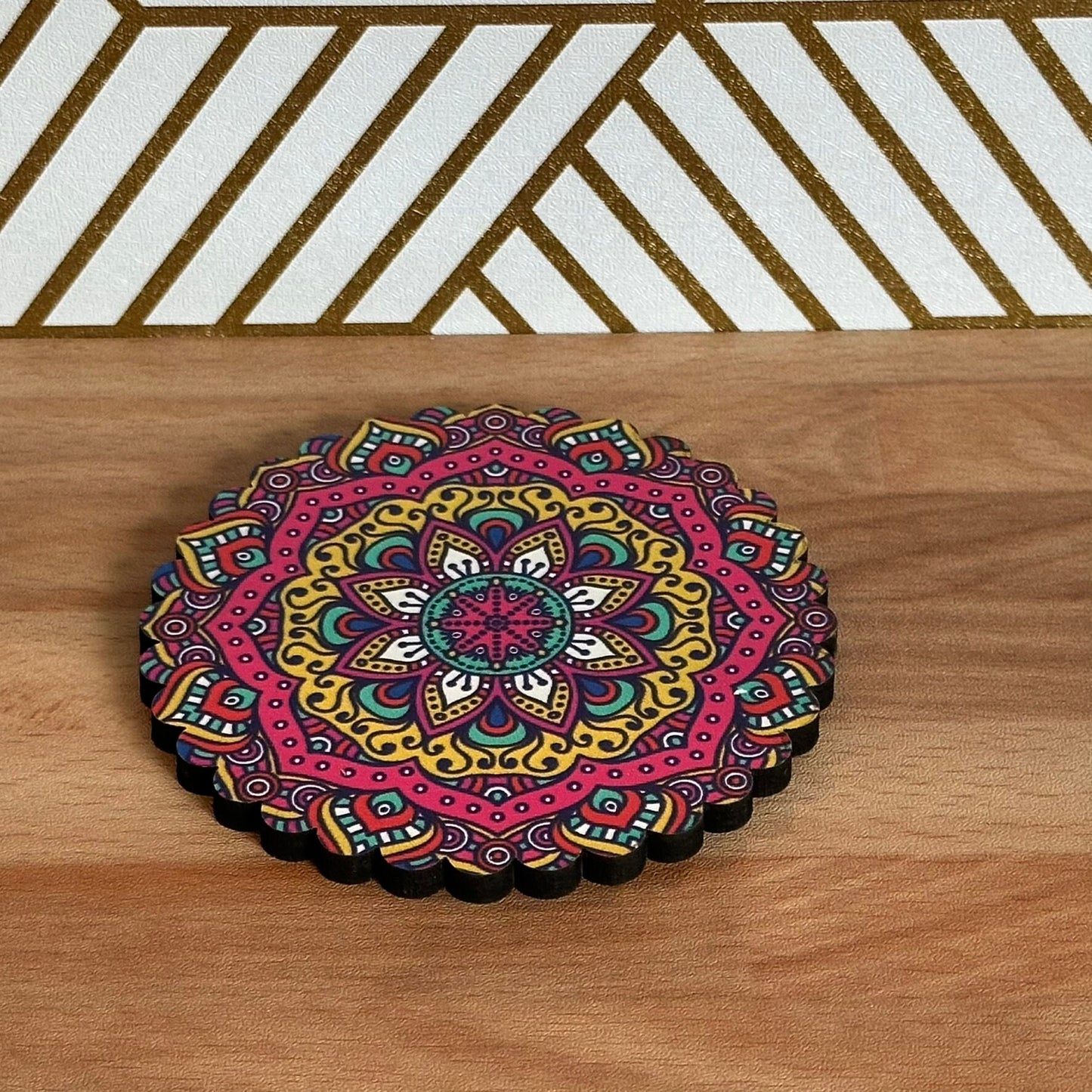 6 Pack Turkish Wooden Coaster Set with Holder - Bright Multicolor Floral Mandala -- Made in Turkey -- Quick Ship