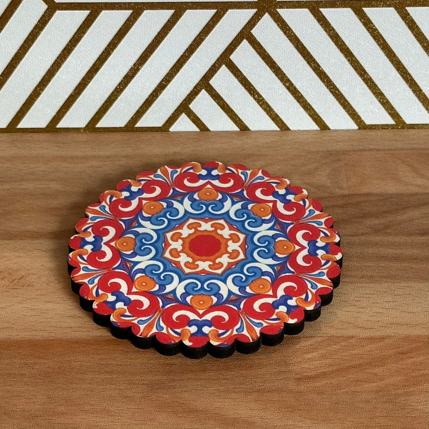 6 Pack Turkish Wooden Coaster Set with Holder - Bright Red, Orange, Blue Floral Mandala -- Made in Turkey -- Quick Ship