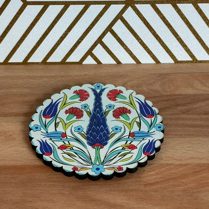 6 Pack Turkish Wooden Coaster Set with Holder - Blue Ottoman Tulips -- Made in Turkey -- Quick Ship