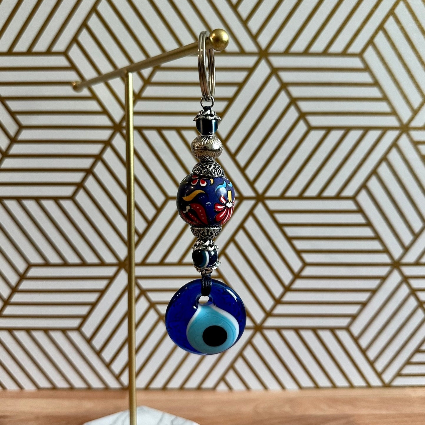 Evil Eye Nazar Boncuk Mal De Ojo Keychain with Hand Painted Ceramic Ball - Blue Floral Tulip — Fast Shipping!