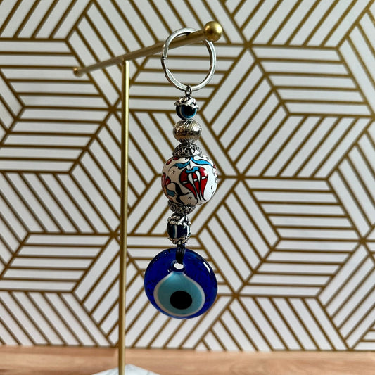 Evil Eye Nazar Boncuk Mal De Ojo Keychain with Hand Painted Ceramic Ball - White & Red Floral Tulip