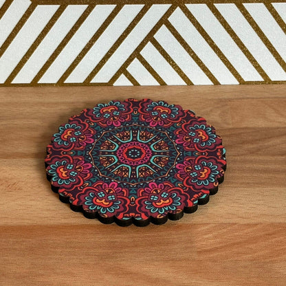 6 Pack Turkish Wooden Coaster Set with Holder - Dark Purple Maroon Floral Mandala -- Made in Turkey -- Quick Ship