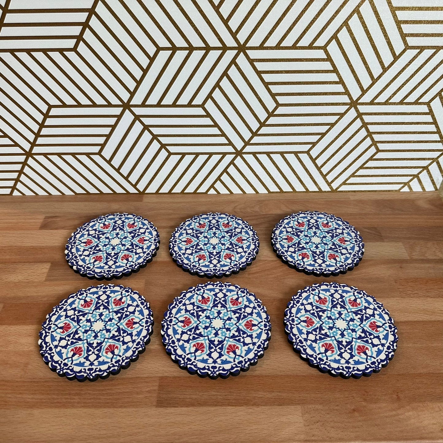 6 Pack Turkish Wooden Coaster Set with Holder - Blue and Red Floral Mandala -- Made in Turkey -- Quick Ship