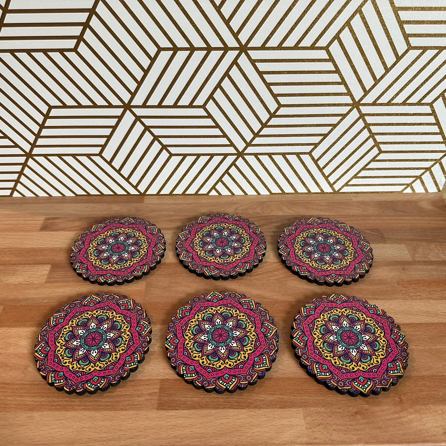6 Pack Turkish Wooden Coaster Set with Holder - Bright Multicolor Floral Mandala -- Made in Turkey -- Quick Ship