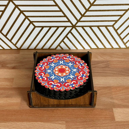 6 Pack Turkish Wooden Coaster Set with Holder - Bright Red, Orange, Blue Floral Mandala -- Made in Turkey -- Quick Ship