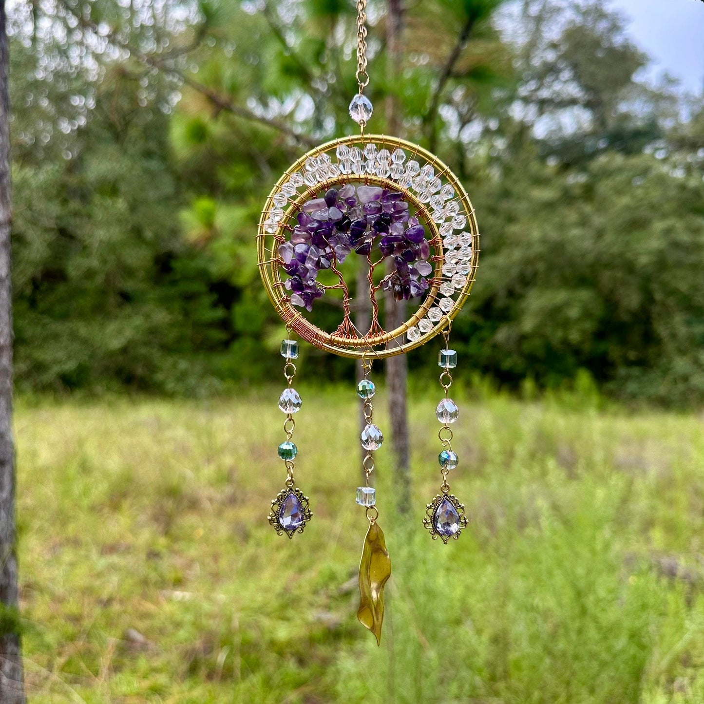 Gold Metal Dual Ring Dreamcatcher with 2 Trees of Life Amethyst Stones & Hanging Jewel Charms  -- Rearview Mirror Hanging or Wall Hanging