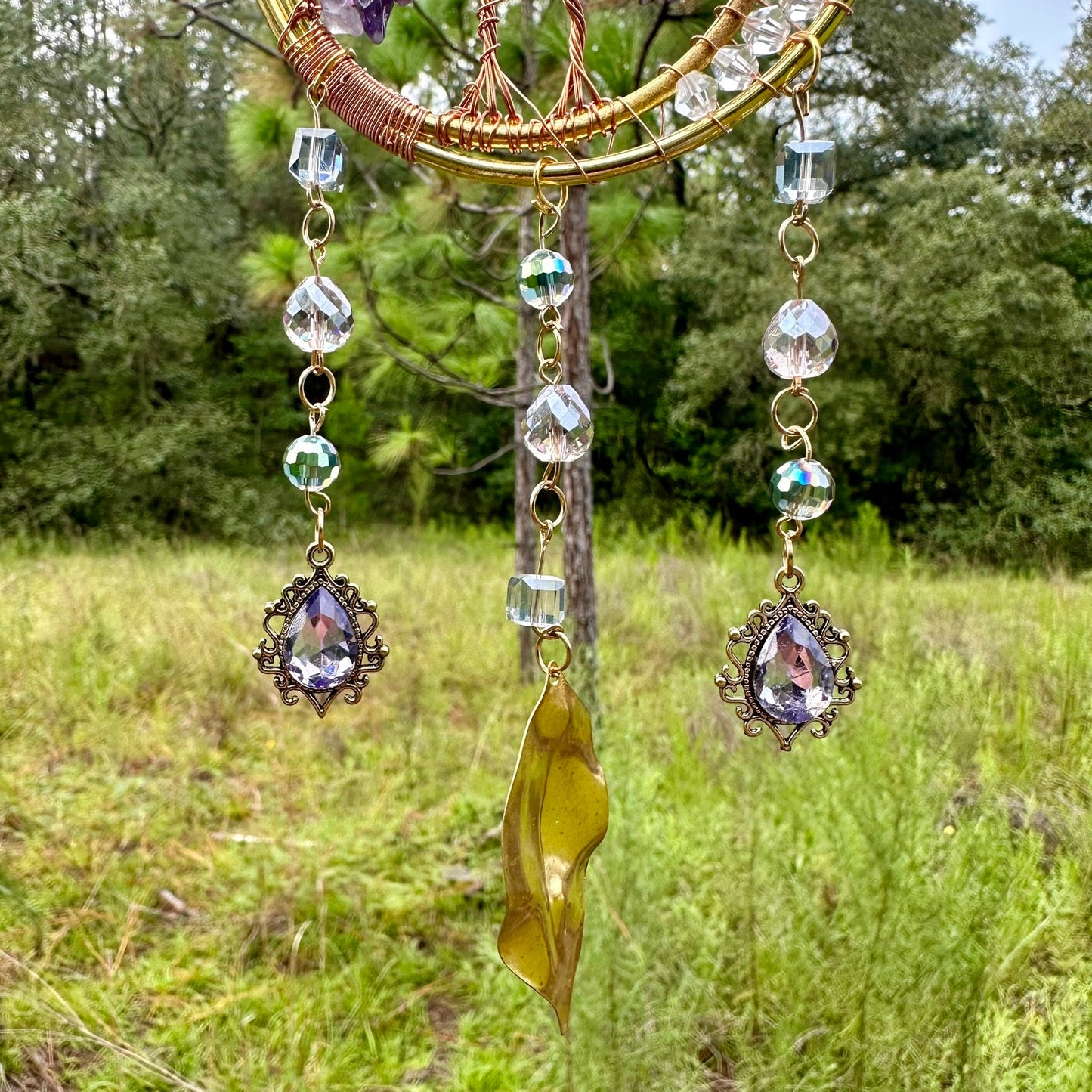 Gold Metal Dual Ring Dreamcatcher with 2 Trees of Life Amethyst Stones & Hanging Jewel Charms  -- Rearview Mirror Hanging or Wall Hanging