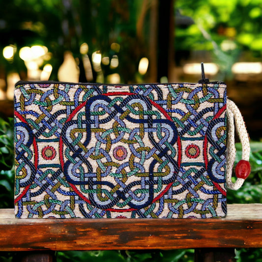 Authentic Kilim Fabric Multicolor Sacred Geometry Design Zipper Clutch Purse, Turkish Carpet, Pouch, Coin Purse, Wallet, Small Storage