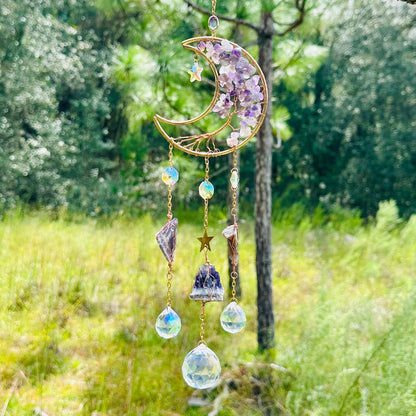 Gold Metal Crescent Moon Dreamcatcher Suncatcher with Tree of Life Amethyst Stones & Hanging Jewel Charms  -- Window Hanging or Wall Hanging