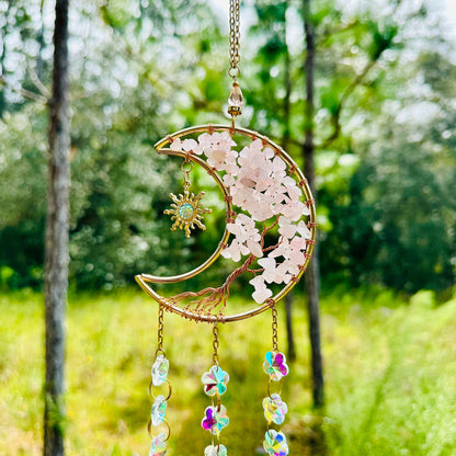 Gold Metal Crescent Moon Dreamcatcher Suncatcher with Tree of Life Rose Quartz & Hanging Jewel Charms  -- Window Hanging or Wall Hanging