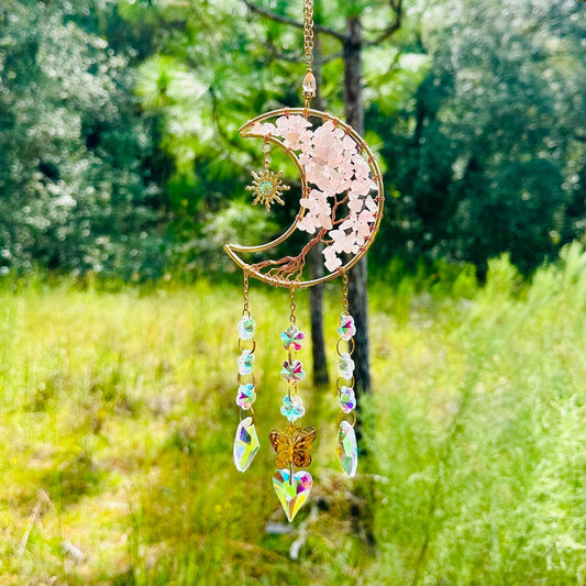 Gold Metal Crescent Moon Dreamcatcher Suncatcher with Tree of Life Rose Quartz & Hanging Jewel Charms  -- Window Hanging or Wall Hanging