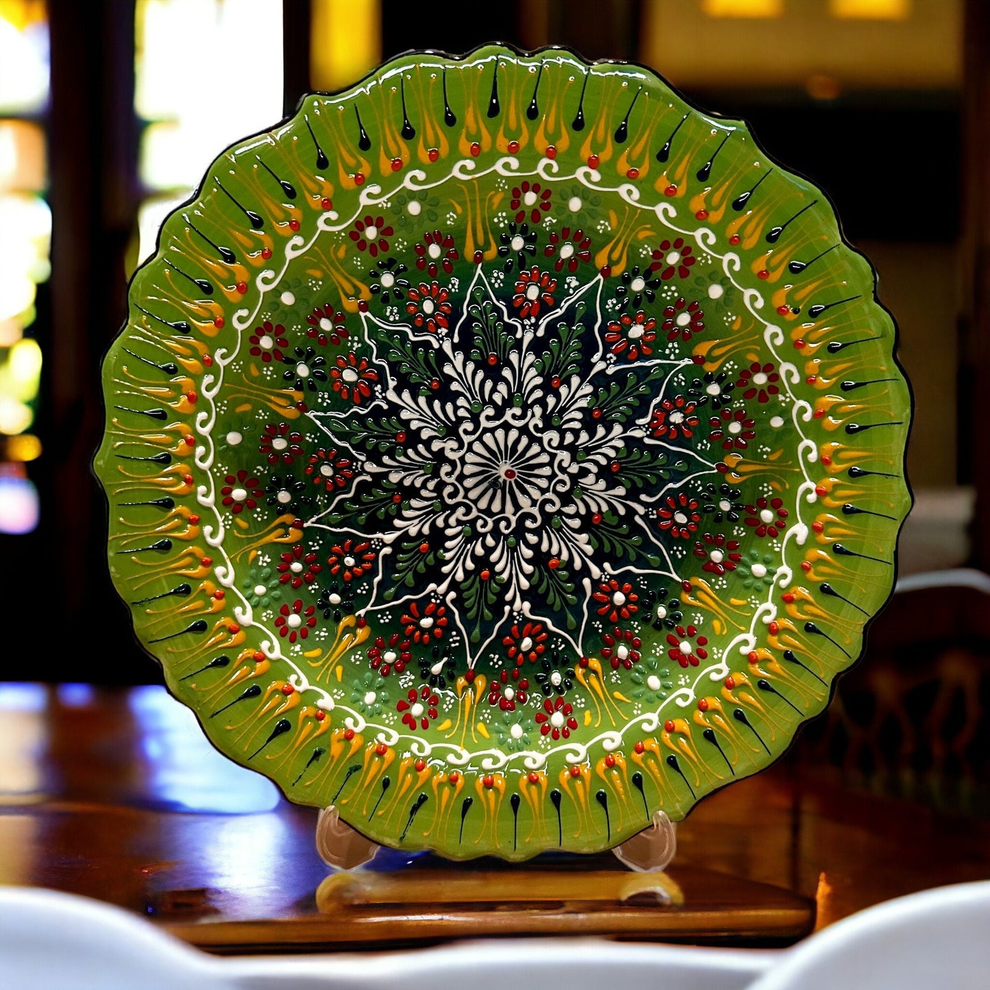 12” Turkish Ceramic Handmade & Painted Plate - Bright Green Dot Art Floral Tulip Patterned - Wall Hanging or Stand Use - Quick Ship!
