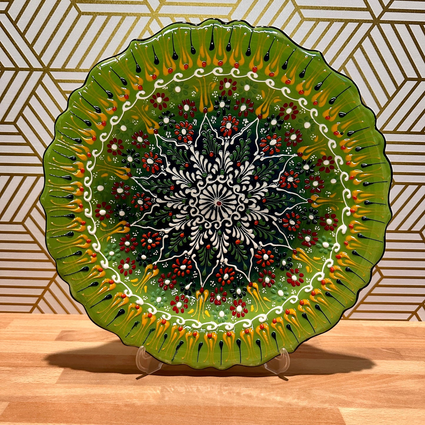 12” Turkish Ceramic Handmade & Painted Plate - Bright Green Dot Art Floral Tulip Patterned - Wall Hanging or Stand Use - Quick Ship!