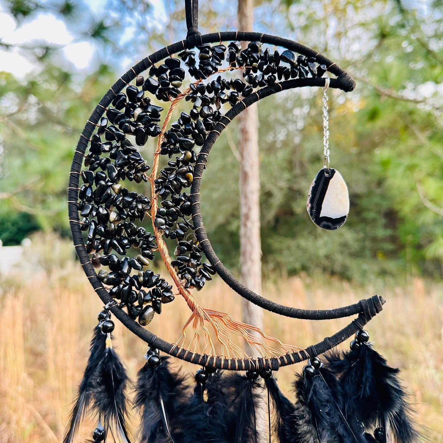 Medium Wall Hanging Crescent Moon Dream Catcher with Black Obsidian Stones & Hanging Stone Charm with Feathers Blacked Out Modern Home Decor
