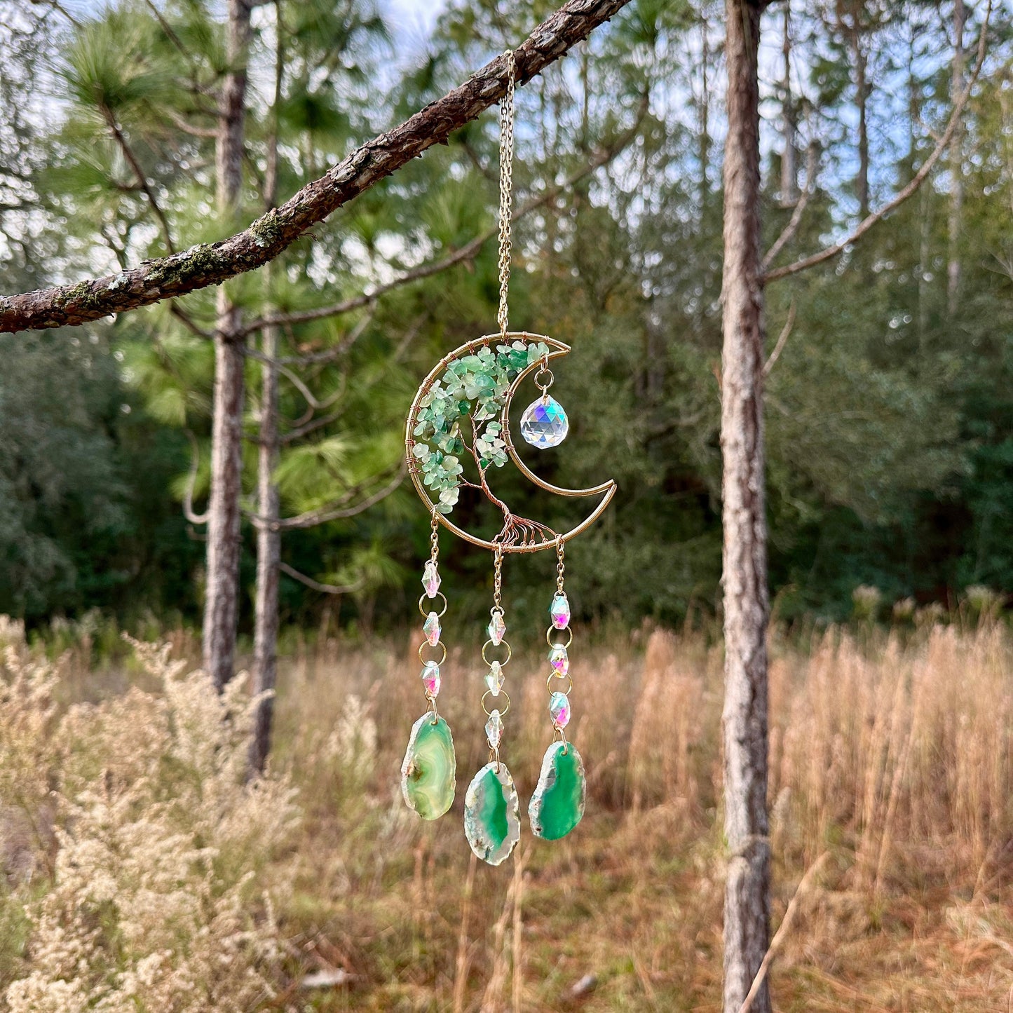 Gold Metal Crescent Moon Dreamcatcher Suncatcher with Green Tree of Life Aventurine & Hanging Jewel Charms -- Window Hanging or Wall Hanging