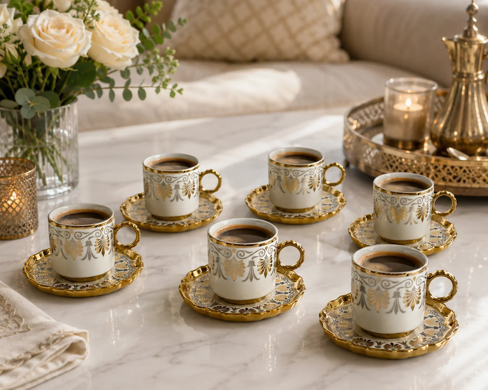 Ornate Turkish coffee cup set arranged on a table